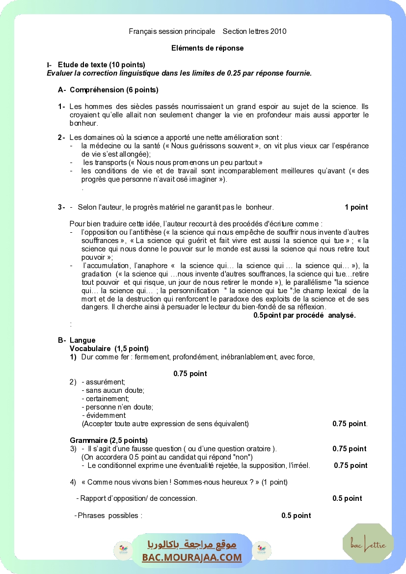 Corrigé principale francais Bac 2010 – Section lettre